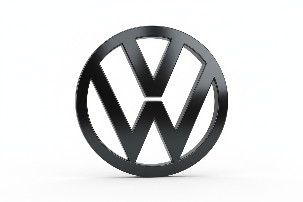 Glossy black Volkswagen logo emblem on a white background, automotive branding image