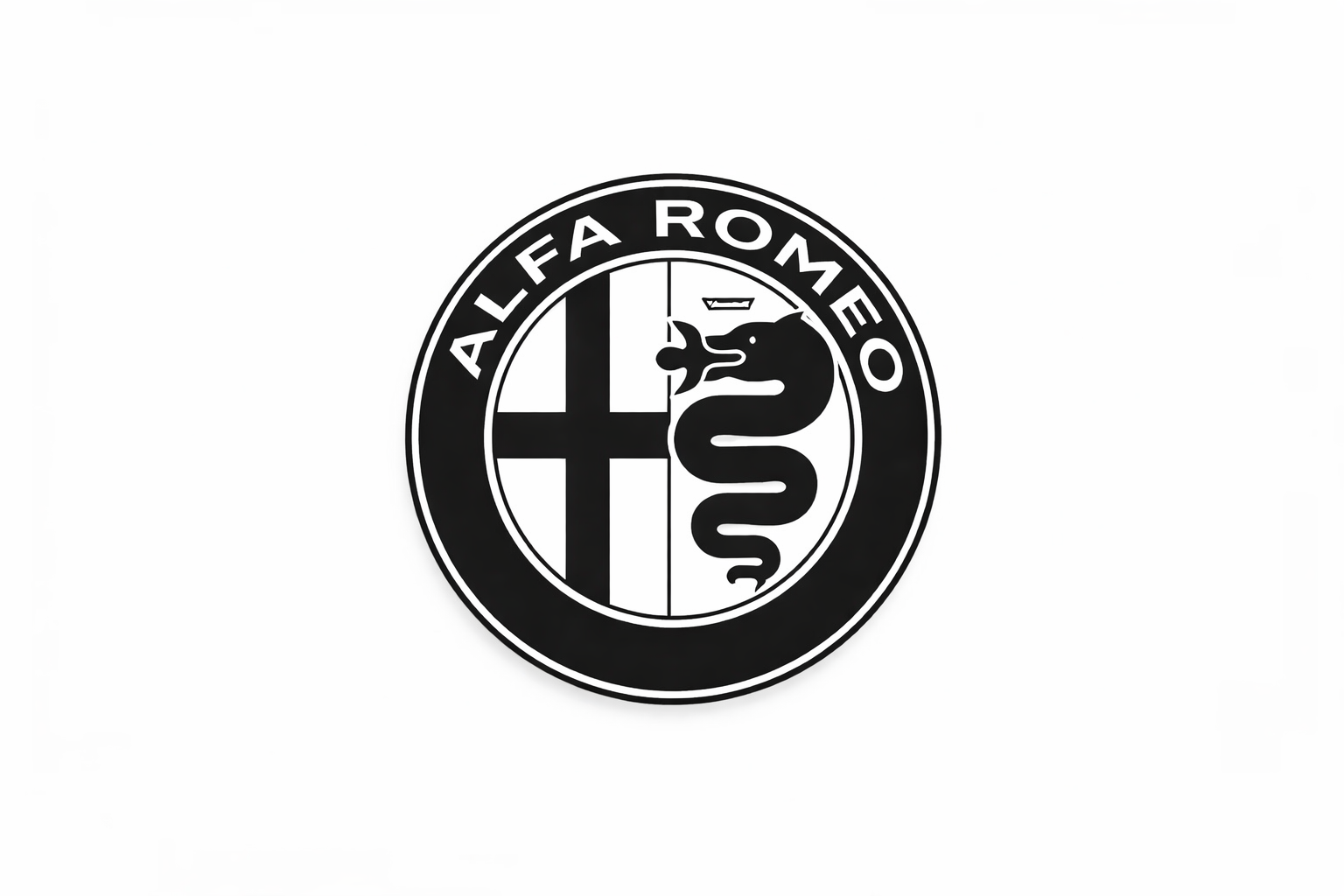 Black and white Alfa Romeo logo emblem on white background, automotive branding image