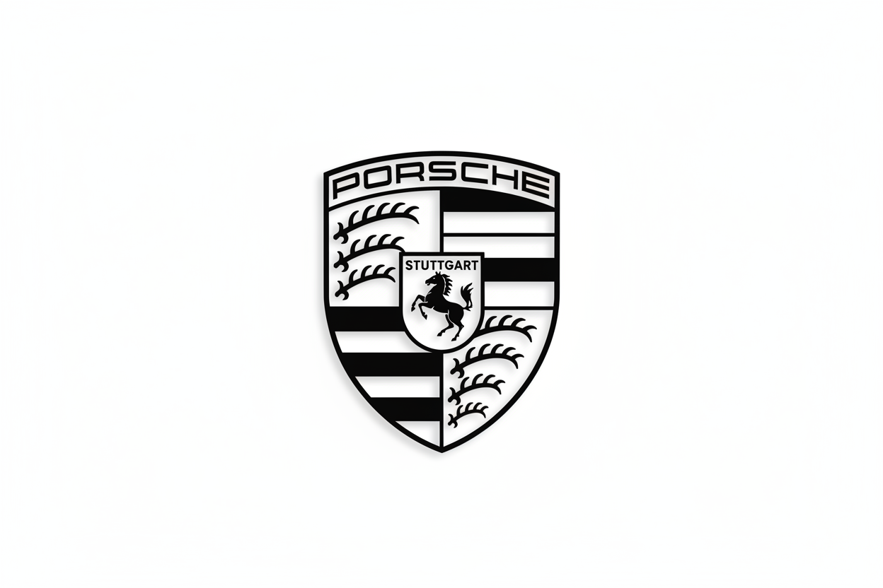 Black and white Porsche crest logo with Stuttgart horse, automotive branding