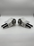 Pair of Eastwood Engineering machined metal performance parts with EE logo, on white background