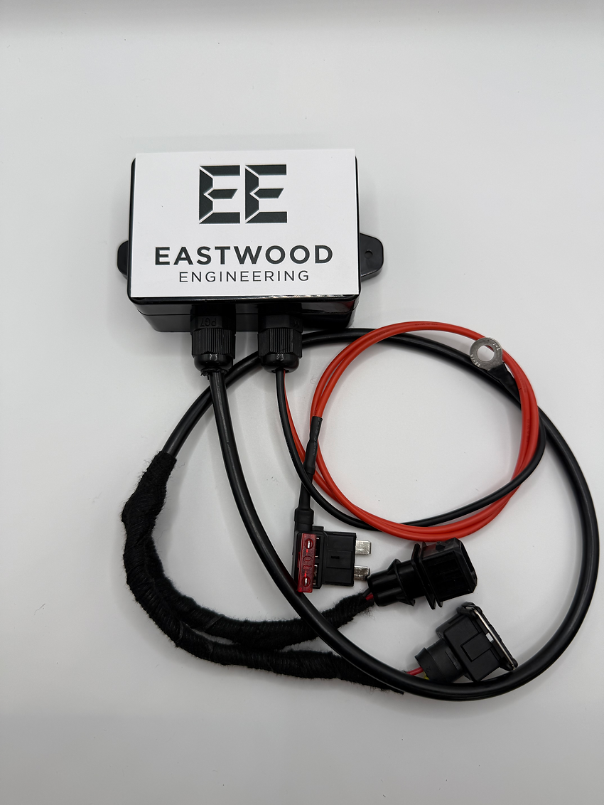 Eastwood Engineering valve controller with branded casing and wiring harness on white background